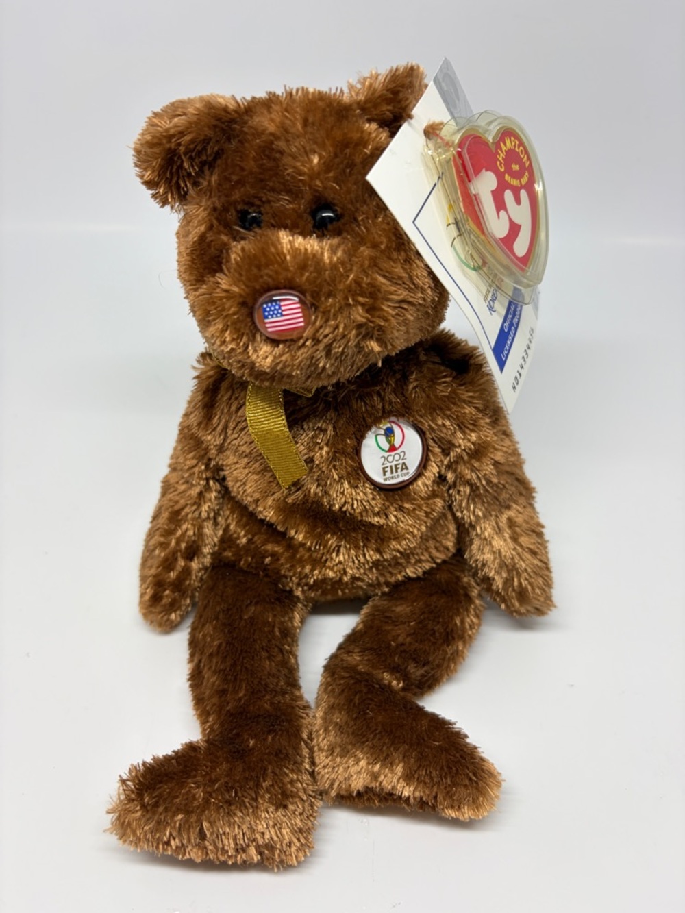 Ty Brown Plush Bear with USA Nose and 2002 FIFA Pin